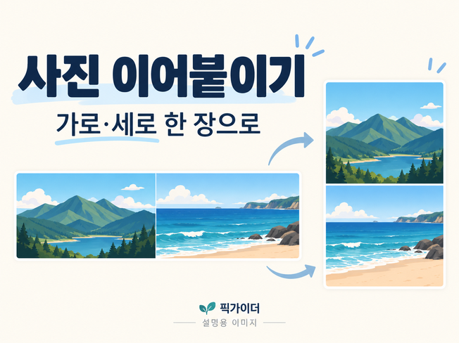 두 풍경 그림을 가로와 세로로 이어붙이는 구성을 보여주는 설명용 일러스트