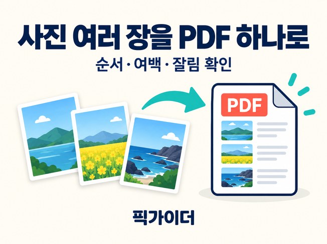사진 여러 장을 PDF 하나로 묶는 과정을 표현한 픽가이더 설명용 일러스트